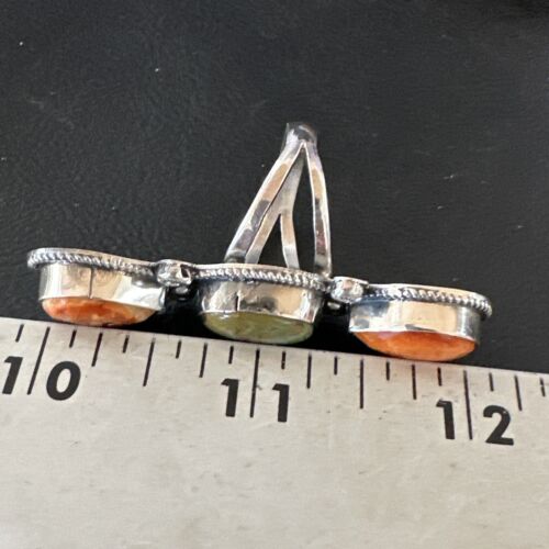 Navajo Green Turquoise Spiny Oyster Multi-Stone Ring | Authentic Native American Sterling Silver | Sz 10 | 16714