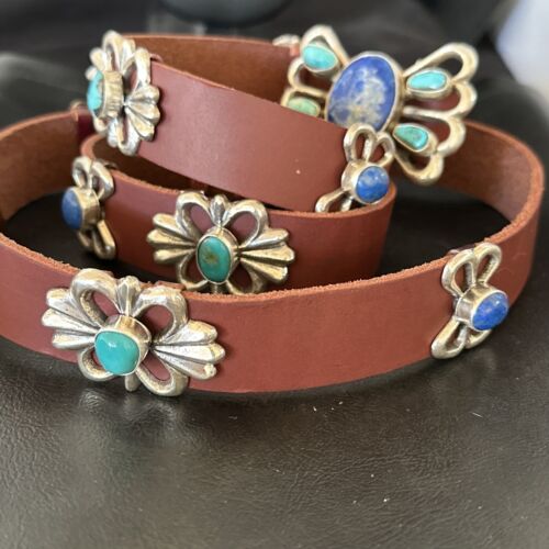 Men's Kingman Turquoise Lapis Concho Belt | Sterling Silver Navajo Tufa | Authentic Native American Handmade | 16682