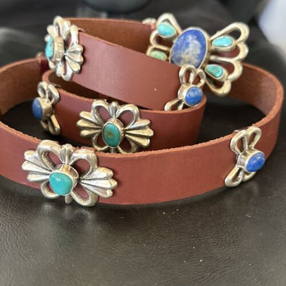 Men's Kingman Turquoise Lapis Concho Belt | Sterling Silver Navajo Tufa | Authentic Native American Handmade | 16682 - Masha USA