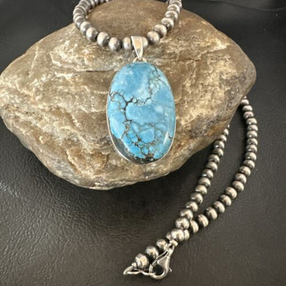 Navajo Blue Spiderweb Turquoise Pendant Necklace | Sterling Silver | Authentic Native American Handmade | 17021