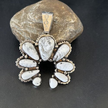 Navajo White Buffalo Turquoise Necklace Naja Pendant | Sterling Silver | Authentic Native American Handmade | 17040