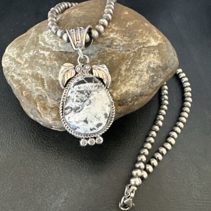 Navajo White Buffalo Turquoise Pendant Necklace | Sterling Silver | Authentic Native American Handmade | 17524