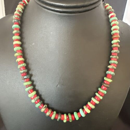 Navajo Green Turquoise and Round Coral Necklace | Sterling Silver | 18" | Authentic Native American Handmade | 17580 - Masha USA
