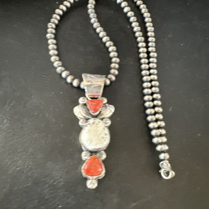 Navajo White Buffalo Coral Necklace | Sterling Silver | Native American Handmade | 15450