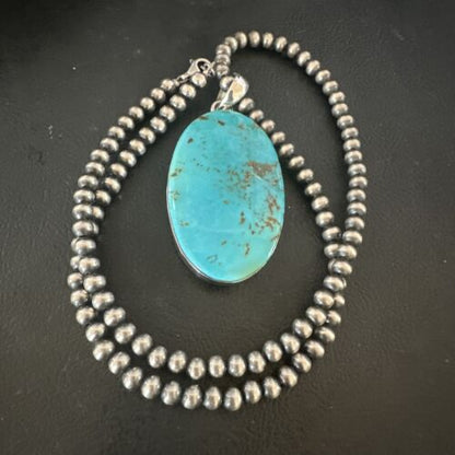 Navajo Blue Kingman Turquoise Pendant Necklace | Sterling Silver | 20" | Authentic Native American Handmade | 16694