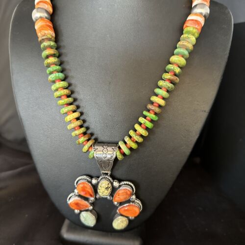 Navajo Turquoise & Spiny Naja Pendant Necklace | Sterling Silver | Native American Handmade | 14234