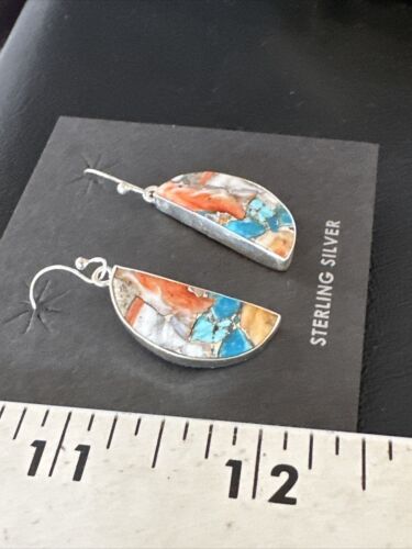 Navajo Blue Turquoise & Orange Spiny Oyster Inlay Dangle Earrings | Sterling Silver | 15584