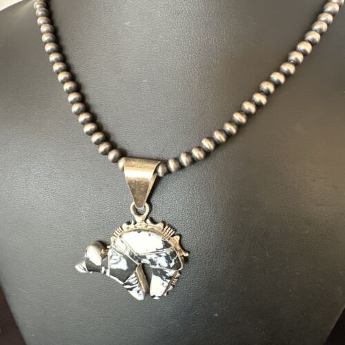 Navajo White Buffalo Turquoise Bear Inlay Pendant Necklace | Sterling Silver | Native American Handmade | 15248