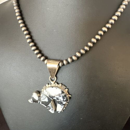 Navajo White Buffalo Turquoise Bear Inlay Pendant Necklace | Sterling Silver | Native American Handmade | 15248