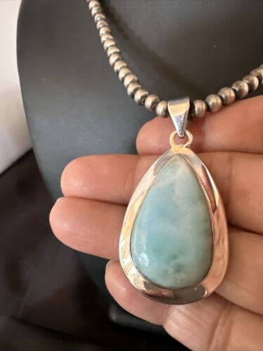 Navajo Blue Larimar Pendant Necklace | Sterling Silver Beads | Authentic Native American Handmade | 17566