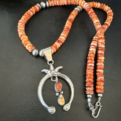 Navajo Red Spiny Oyster Naja Pendant Necklace | Sterling Silver | 23" | Authentic Native American Handmade | 17659