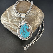 Navajo Blue Kingman Turquoise Pendant Necklace | Sterling Silver Pearls | Authentic Native American Handmade | 16024