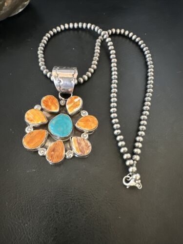 Navajo Blue Turquoise | Spiny Oyster Pendant Necklace | Sterling Silver | Multi-Stone | 16834