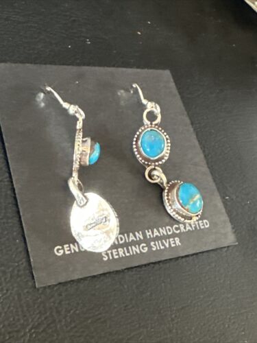 Kingman Turquoise Dangle Earrings | Navajo Sterling Silver | Authentic Native American Handmade | 14870