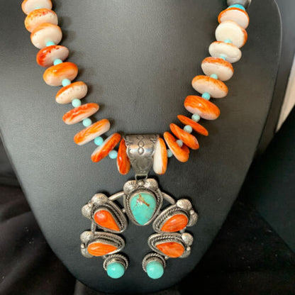 Orange Spiny Turquoise Naja Navajo Pendant Necklace | Sterling Silver | 30" | Authentic Native American Handmade | 14007
