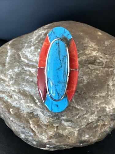 Native American Navajo Blue Turquoise Spiny Oyster Inlay Band Ring | Sz 9 | 16431