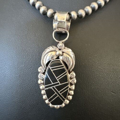 Navajo Pearls Black Onyx Inlay Necklace Pendant | Sterling Silver | Authentic Native American Handmade | 16535