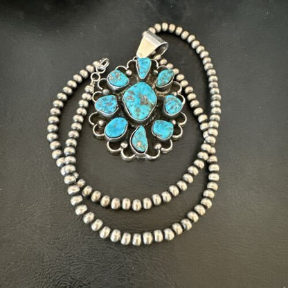 Navajo Blue Kingman Turquoise Cluster Pendant | Sterling Silver | 3" | Authentic Native American Handmade | 17417