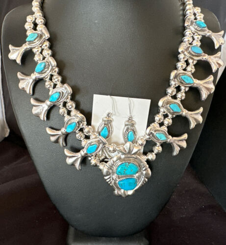Kingman Turquoise Navajo Squash Blossom Necklace & Earrings | Sterling Silver | Native American Handmade | 16543