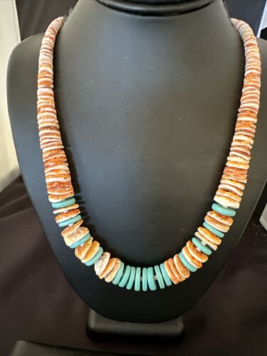 Navajo Sterling Silver Blue Turquoise & Spiny Oyster Graduated Necklace | Authentic Native American | 23" | 16902