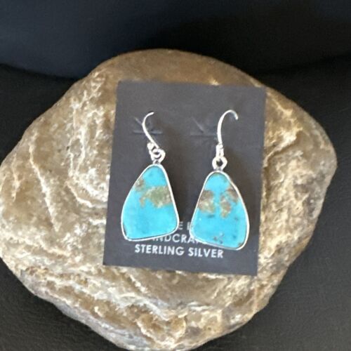 Navajo Blue Turquoise Dangle Earrings | Sterling Silver | Authentic Native American Handmade | 15438