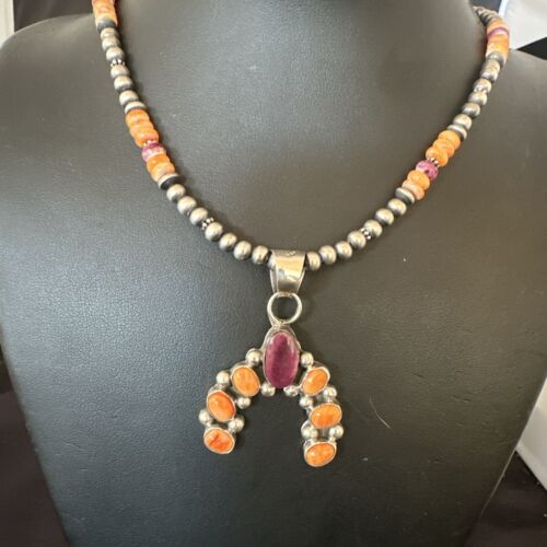 Navajo Pearls Orange Spiny Oyster Naja Pendant | Sterling Silver Necklace | Authentic Native American Handmade | 16802