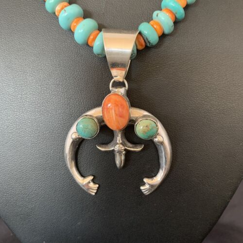 Navajo Pearls Necklace with Blue Turquoise & Spiny Oyster Naja Pendant | Sterling Silver | 10261
