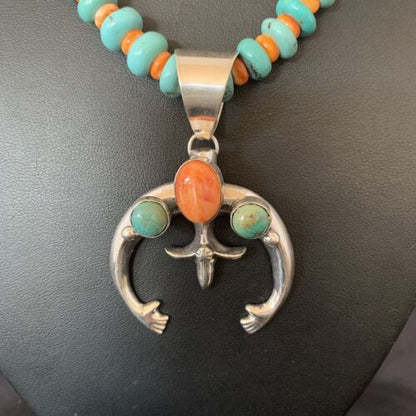 Navajo Pearls Necklace with Blue Turquoise & Spiny Oyster Naja Pendant | Sterling Silver | 10261