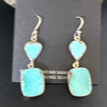 Navajo Blue Kingman Turquoise Dangle Earrings | Sterling Silver | Authentic Native American Handmade | 15116