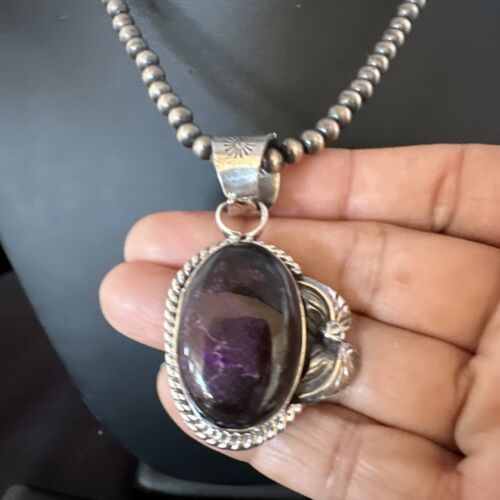 Navajo Pearls Purple Sugilite Pendant Necklace | Sterling Silver Beads | Authentic Native American Handmade | 15411