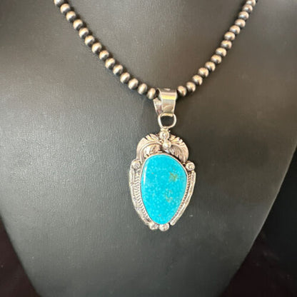 Navajo Kingman Turquoise Pendant Necklace | Sterling Silver Pearls | Authentic Native American Handmade | 15210