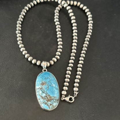 Navajo Blue Spiderweb Turquoise Pendant Necklace | Sterling Silver | Authentic Native American Handmade | 17023