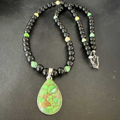 Green Mojave Turquoise & Onyx Pendant | Navajo Pearl Sterling Silver Necklace 21" | 17499