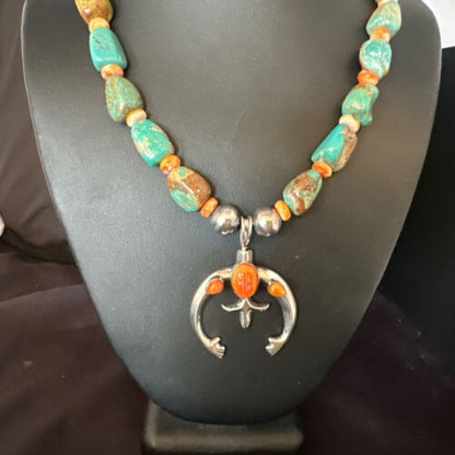 Men's Green Turquoise Spiny Oyster Naja Pendant Necklace | Navajo Sterling Silver | 22" | Authentic Native American Handmade | 15225