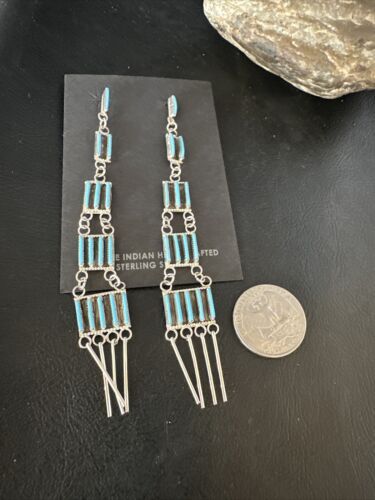 Zuni Kingman Turquoise Needle Point Dangle Earrings | Sterling Silver | 5 Tier | 14873