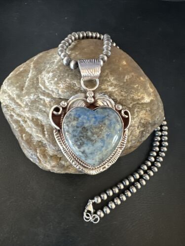 Navajo Blue Heart Denim Lapis Pendant Necklace | Sterling Silver Pearls | Authentic Native American Handmade | 15521