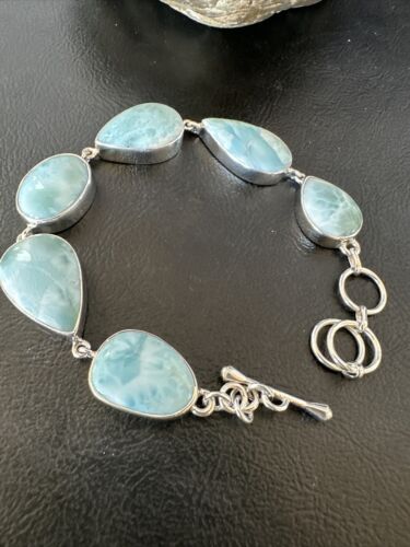 Navajo Blue Larimar Link Bracelet | Sterling Silver | 8" | Authentic Native American Handmade | 16079