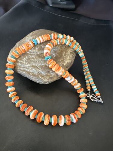 Navajo Orange Spiny Blue Turquoise Necklace | Sterling Silver | 23" | Authentic Native American Handmade | 17544