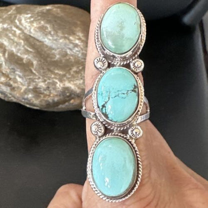 Navajo Blue Dry Creek Turquoise Multi-Stone Ring | Authentic Native American Sterling Silver | Sz 10 | 16731