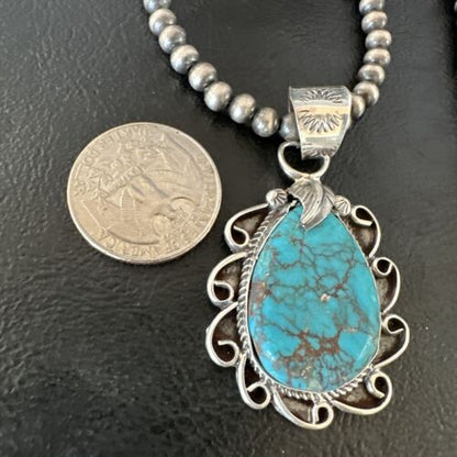 Men's Blue Kingman Turquoise Pendant Necklace | Navajo Pearls | Sterling Silver | 16017