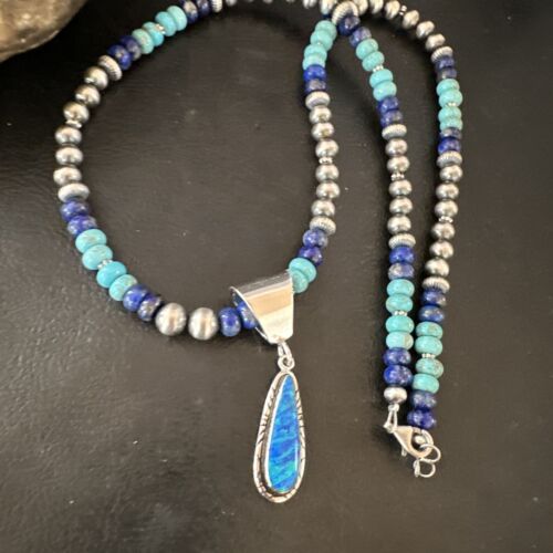 Navajo Blue Opal Turquoise Pendant Necklace | Sterling Silver | Authentic Native American Handmade | 16764