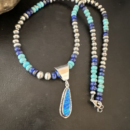 Navajo Blue Opal Turquoise Pendant Necklace | Sterling Silver | Authentic Native American Handmade | 16764