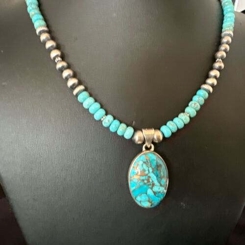Navajo Blue Mojave Turquoise Pendant | Sterling Silver Pearl Necklace | Authentic Native American Handmade | 17079