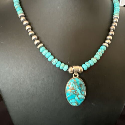 Navajo Blue Mojave Turquoise Pendant | Sterling Silver Pearl Necklace | Authentic Native American Handmade | 17079