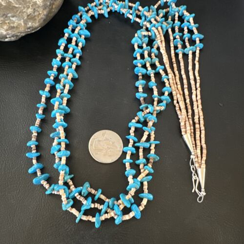 Navajo Blue Kingman Turquoise Shell Heishi Necklace | Sterling Silver | 30" | Authentic Native American Handmade | 16070