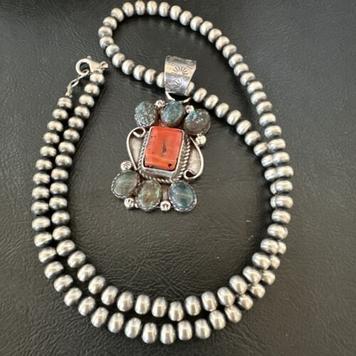 Navajo Turquoise Coral Cluster Pendant Necklace | Sterling Silver | Authentic Native American Handmade | 17186