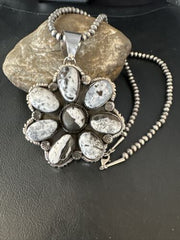 XL Cluster Navajo White Buffalo Turquoise Sterling Necklace Pendant | Multi-Stone | 14897