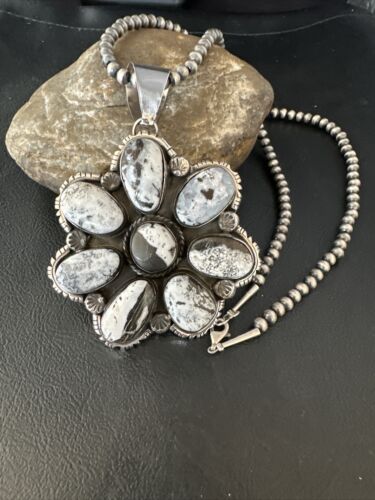 XL Cluster Navajo White Buffalo Turquoise Sterling Necklace Pendant | Multi-Stone | 14897