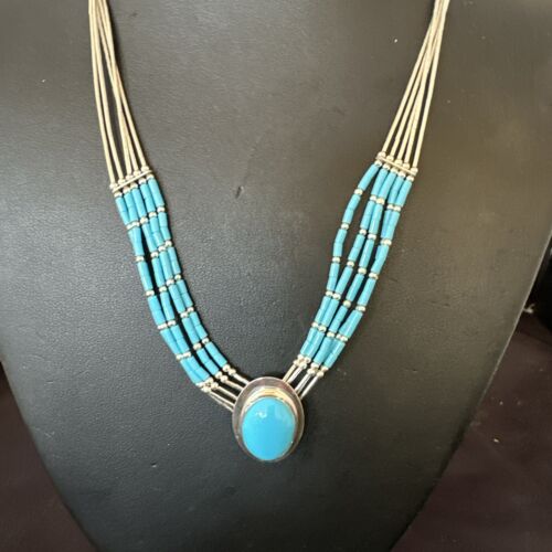 Navajo Green Turquoise Pendant Heishi Necklace| 5-Strand Sterling Silver | 18" | Authentic Native American Handmade | 17177
