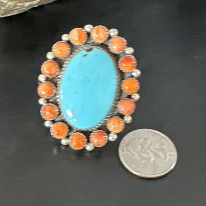 Navajo Turquoise & Spiny Oyster Cluster Ring | Authentic Native American Sterling Silver | Multi-Stone | Sz 12 | 16027